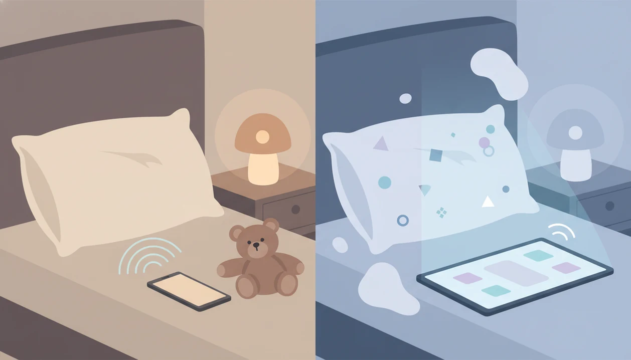 A split illustration contrasts a dim audio bedtime setup with a brighter screen-based routine.