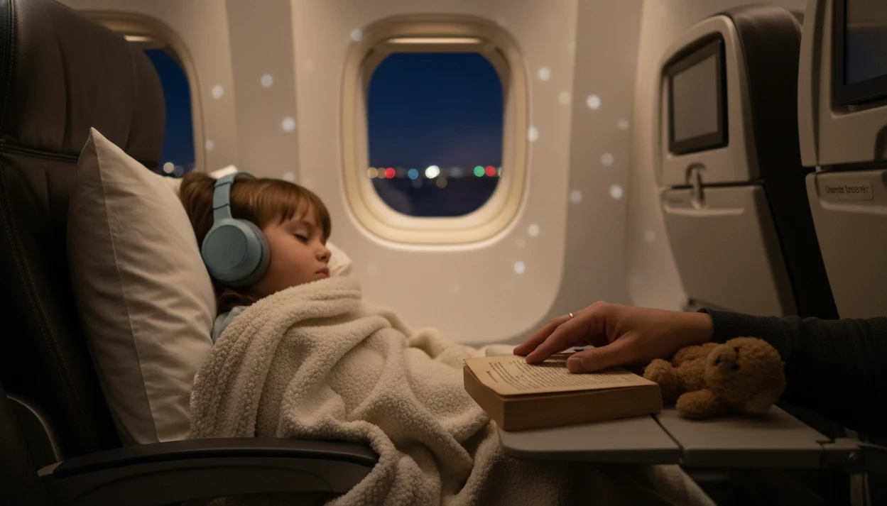 A child sleeps with headphones in a dim airplane cabin while a parent holds a bedtime storybook nearby.