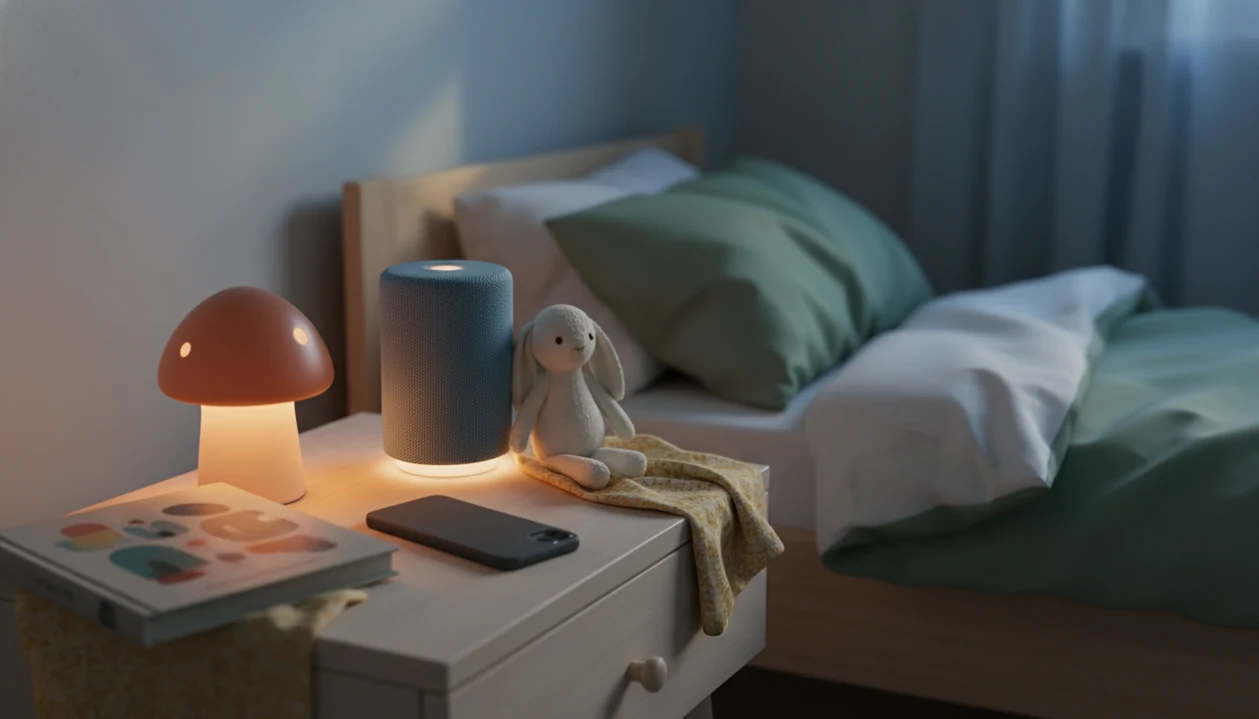 A phone turned face down beside a speaker, plush toy, nightlight, and bedtime book in a calm child’s room.