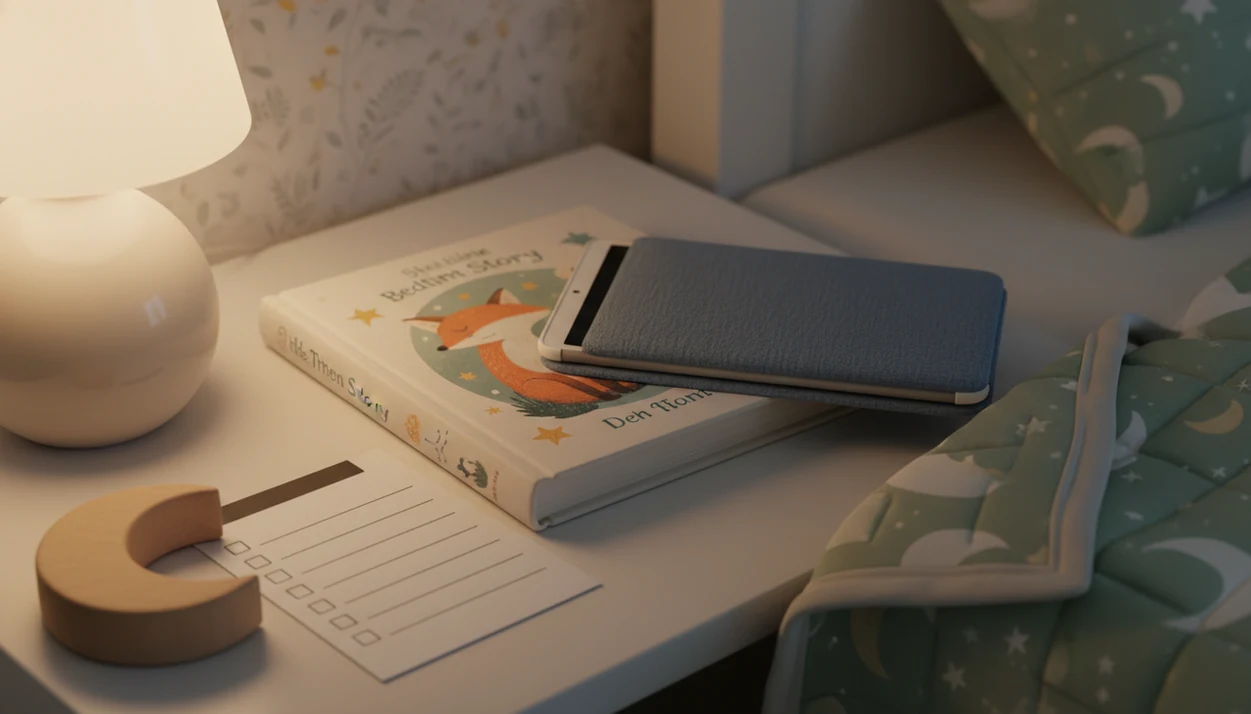 A calm bedside scene shows a closed storybook, a face-down tablet, and a parent checklist by lamplight.