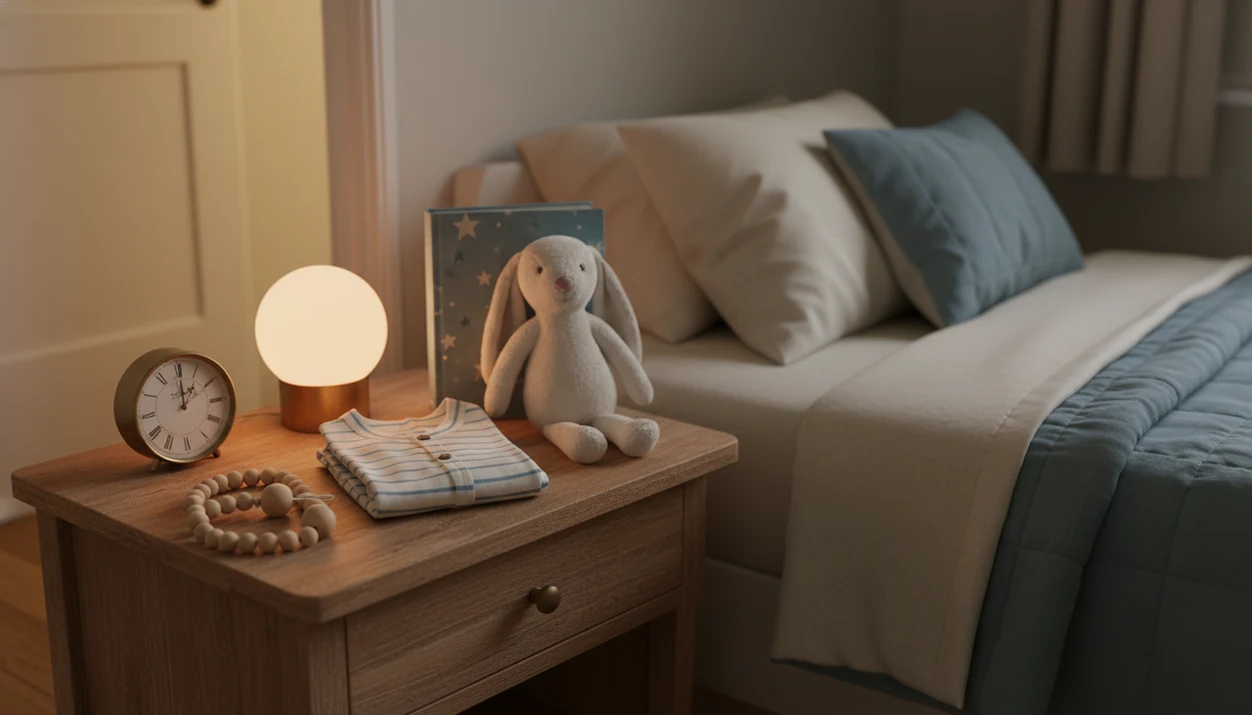 A toddler bedtime still life with pajamas, a storybook, nightlight, clock, and wooden beads marking routine progress.