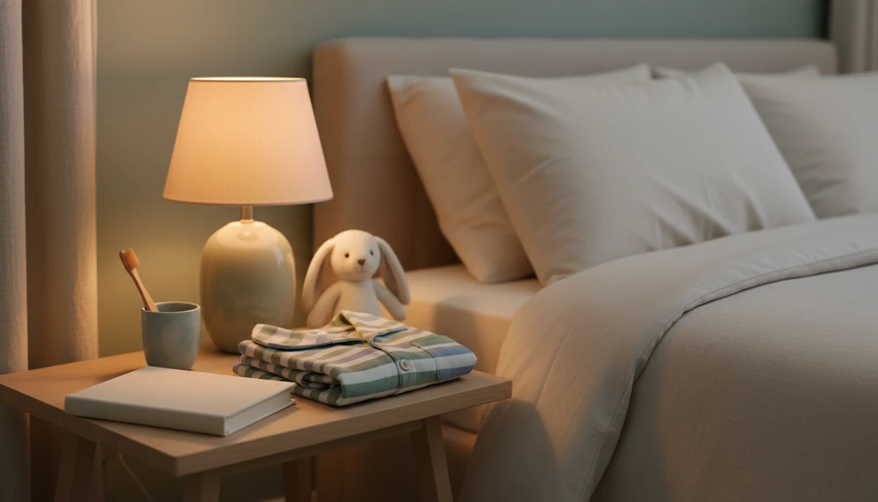 A cozy bedside setup shows pajamas, toothbrush, book, plush toy, and warm lamp ready for bedtime.