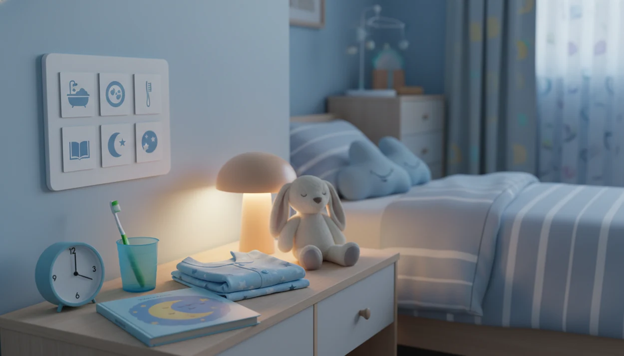 A preschool bedtime setup with pajamas, toothbrush, storybook, stuffed rabbit, clock, and icon routine cards.