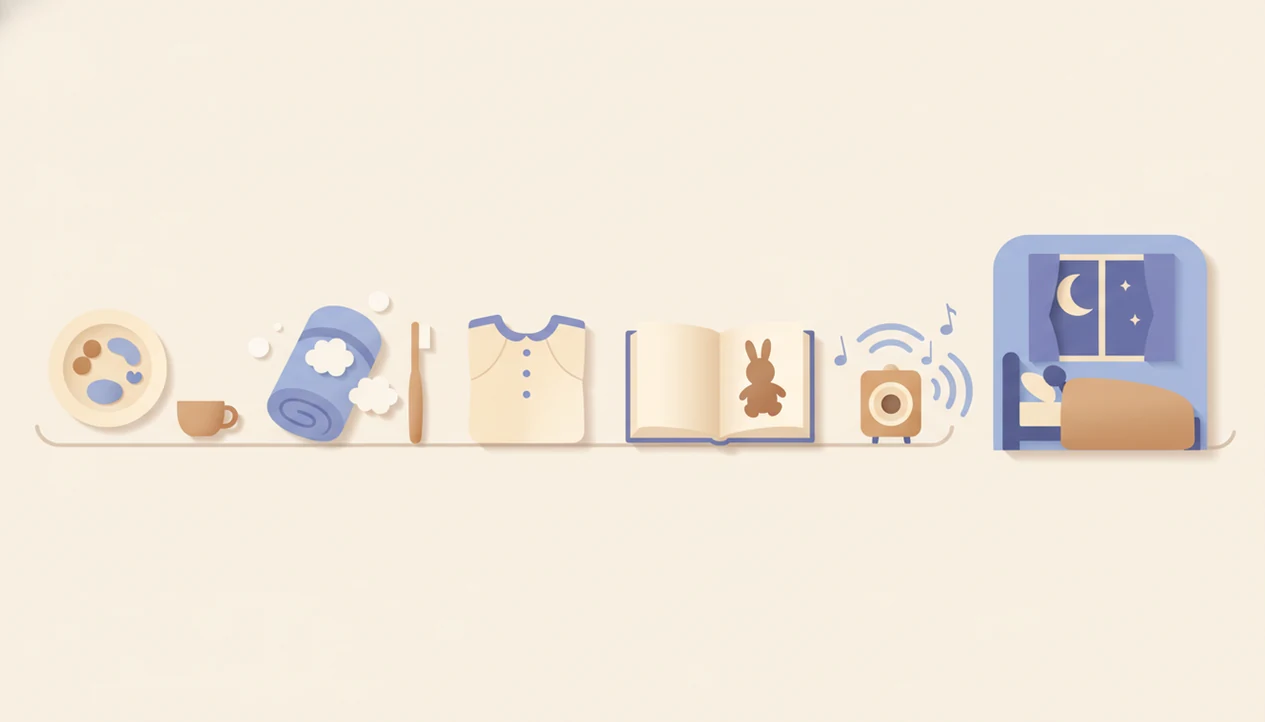 A gentle illustrated evening timeline shows dinner, bath, pajamas, story, lullaby, and sleep.