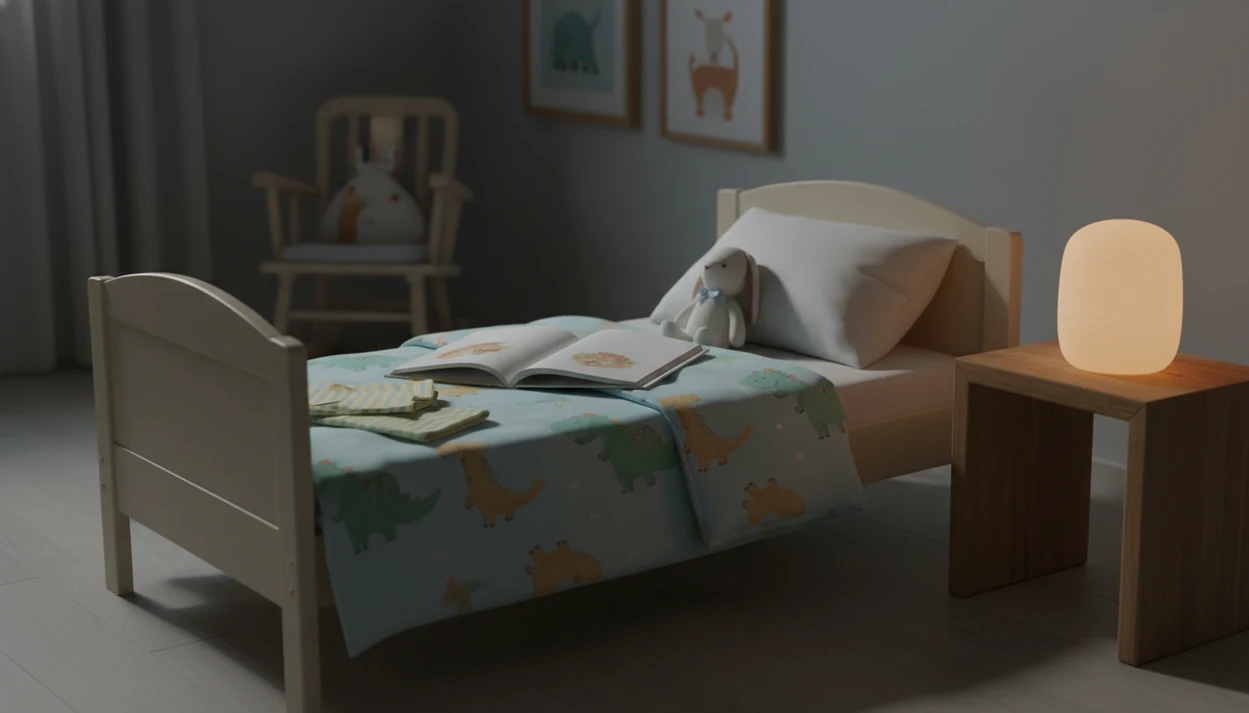 A cozy toddler bed with a plush bunny, open board book, pajamas, and warm nightlight ready for storytime.