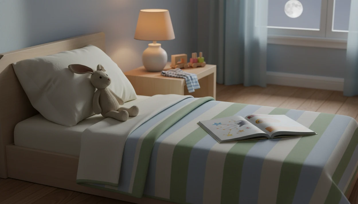 A cozy child’s bed with an open storybook, stuffed rabbit, warm lamp, and moonlit window.