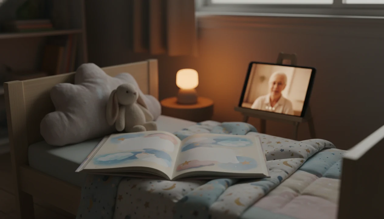 A cozy bedside scene shows a children’s book, stuffed rabbit, lamp, and a tablet with a grandparent on video.