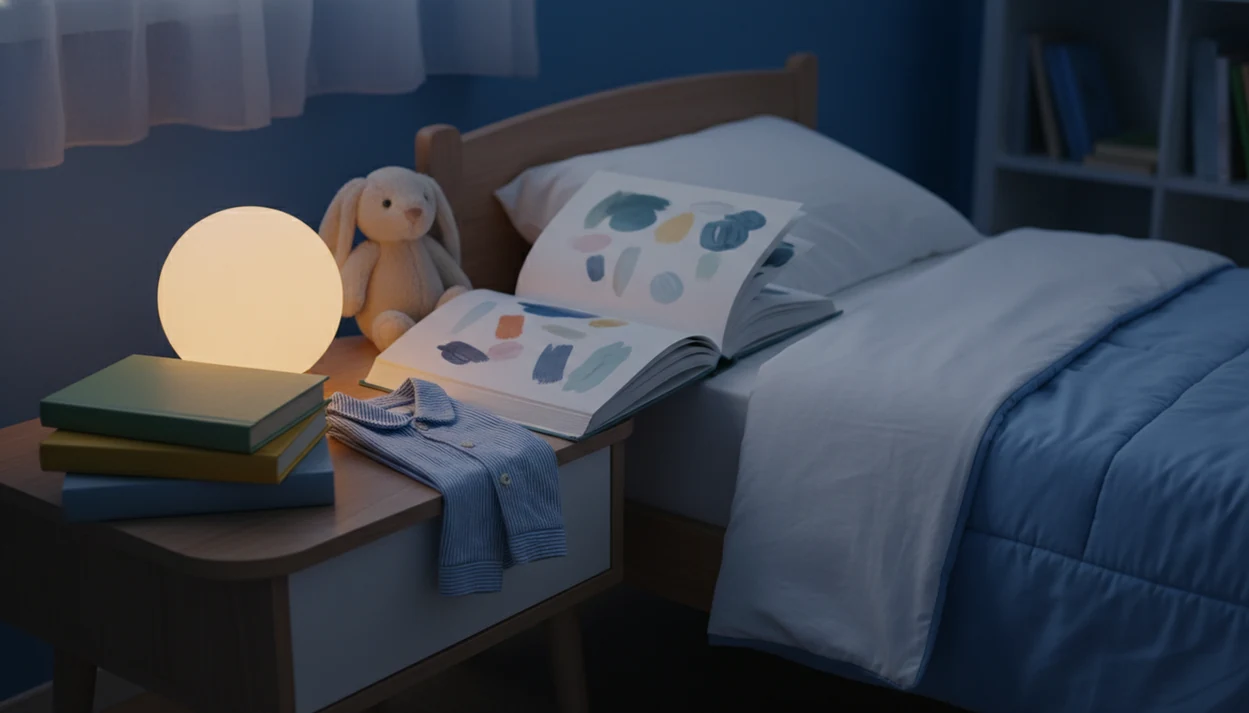 A calm bedtime setup with an open storybook, plush rabbit, nightlight, and folded pajamas beside a toddler bed.