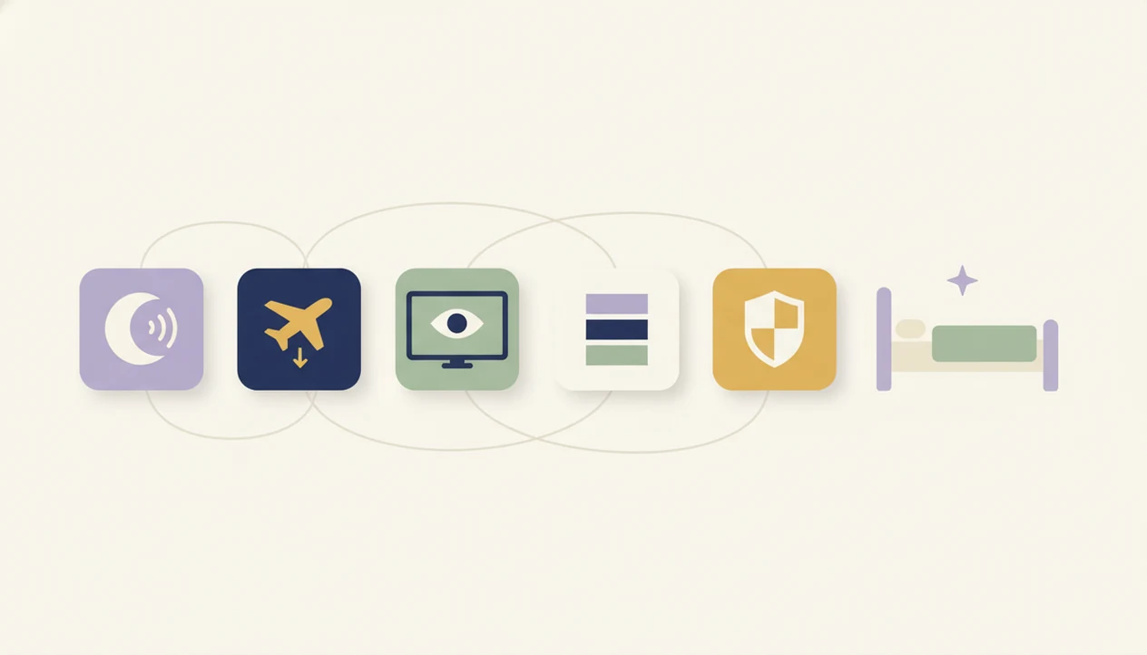 An illustrated bedtime app checklist shows audio, offline use, dim screens, age fit, and ad-free safety.