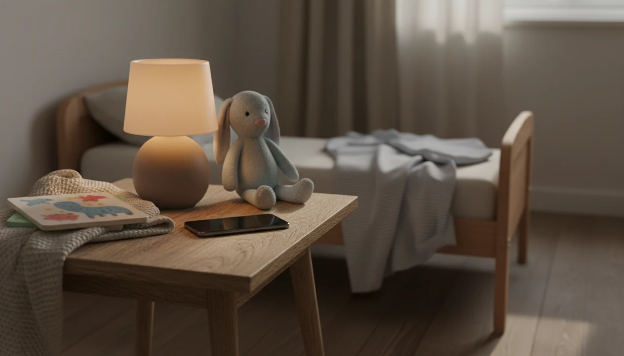 A phone rests face down on a nightstand in a softly lit child’s bedroom ready for bedtime audio.