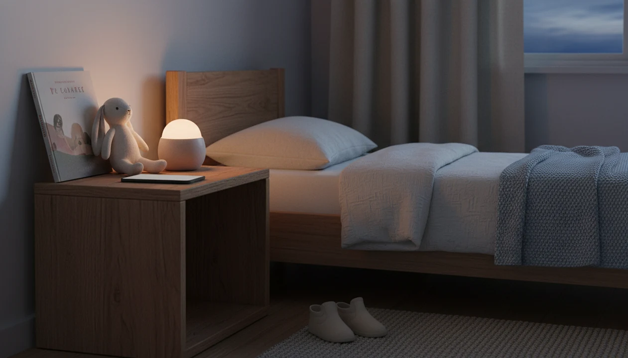 A quiet toddler bedroom with a phone, book, plush toy, and night light ready for bedtime.