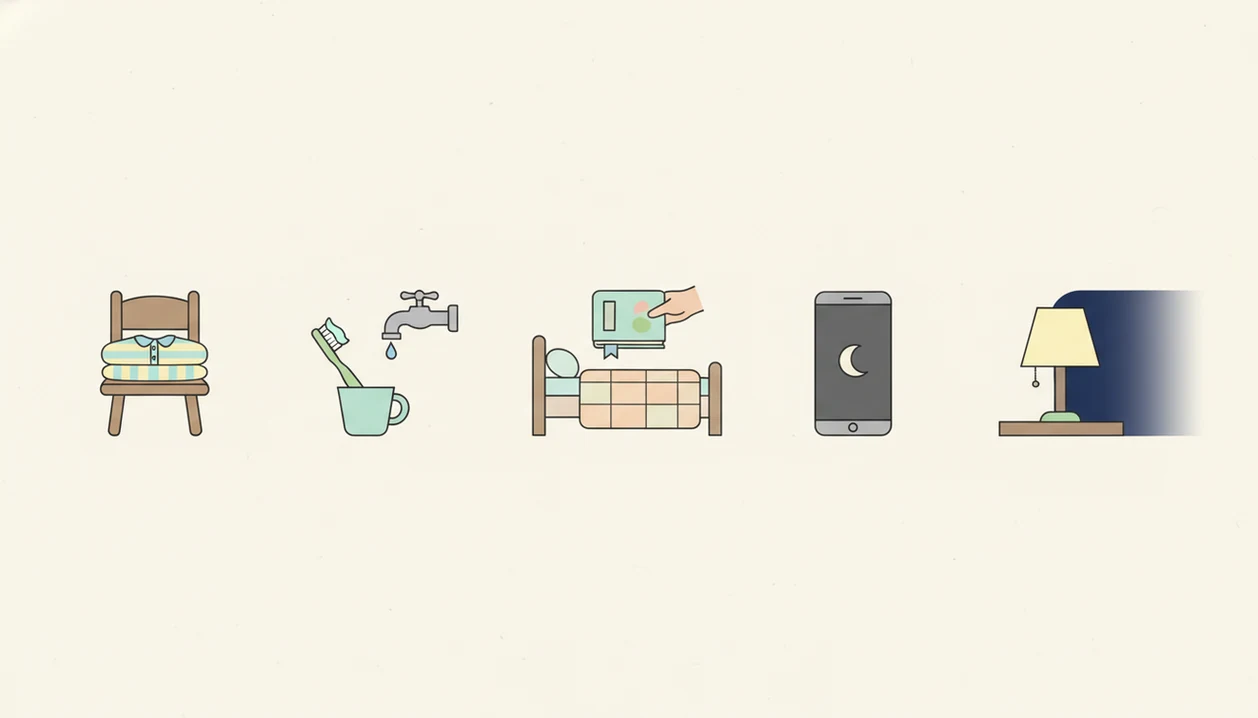 A wordless illustrated sequence shows pajamas, brushing teeth, story time, lullaby audio, and lights out.