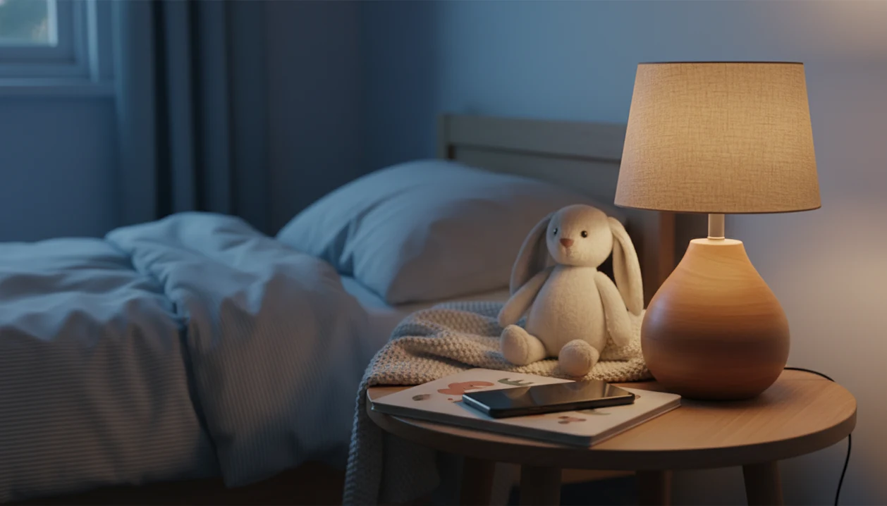 A locked phone rests beside a lamp, plush toy, and book in a calm toddler bedroom at bedtime.