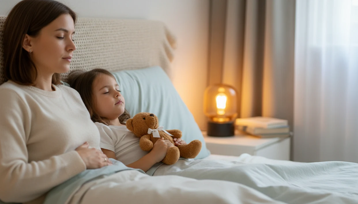 A parent calmly models belly breathing while a child rests in bed with a stuffed animal on their tummy.