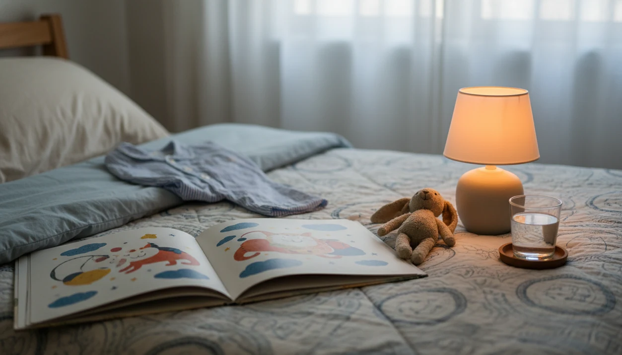 A quiet bedtime scene with an open picture book, plush rabbit, soft lamp light, and moonlit curtains.
