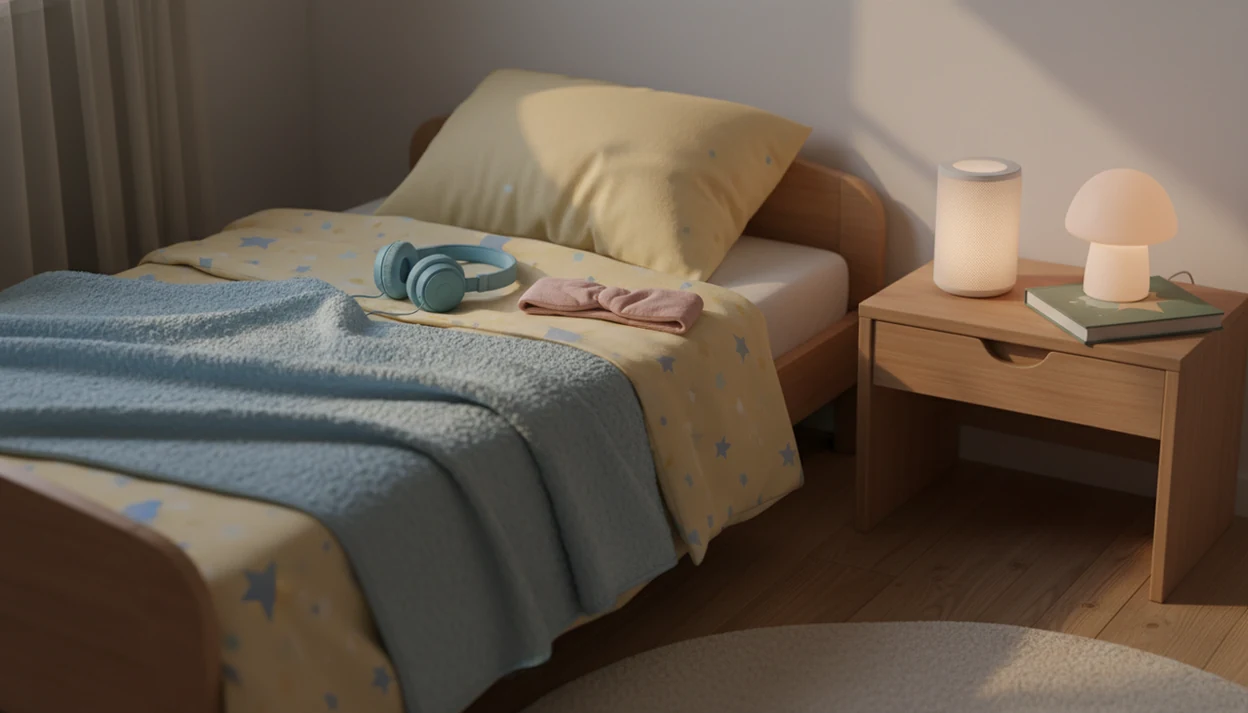 A child’s bedside has a small speaker playing softly while headphones rest unused near the pillow.