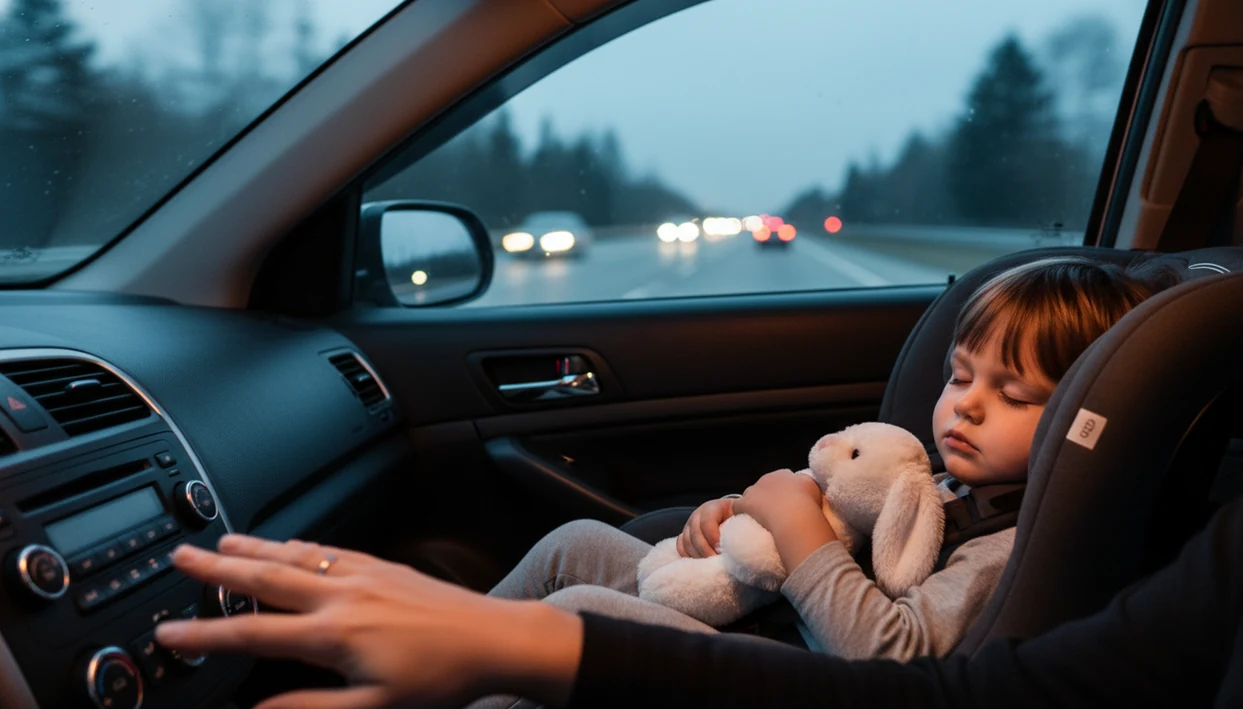 A child sleeps buckled in a car seat during a quiet dusk drive with soft dashboard light.