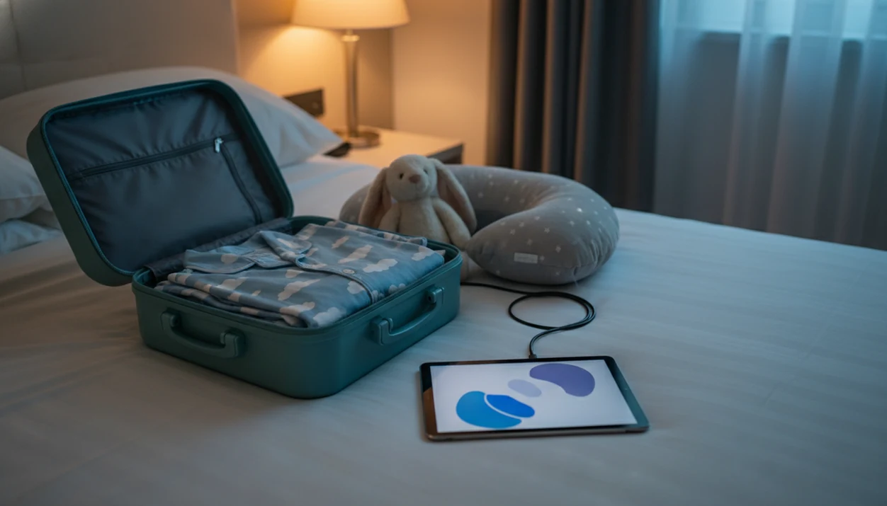 A tablet, plush toy, pajamas, and travel items are arranged on a hotel bed for bedtime away from home.