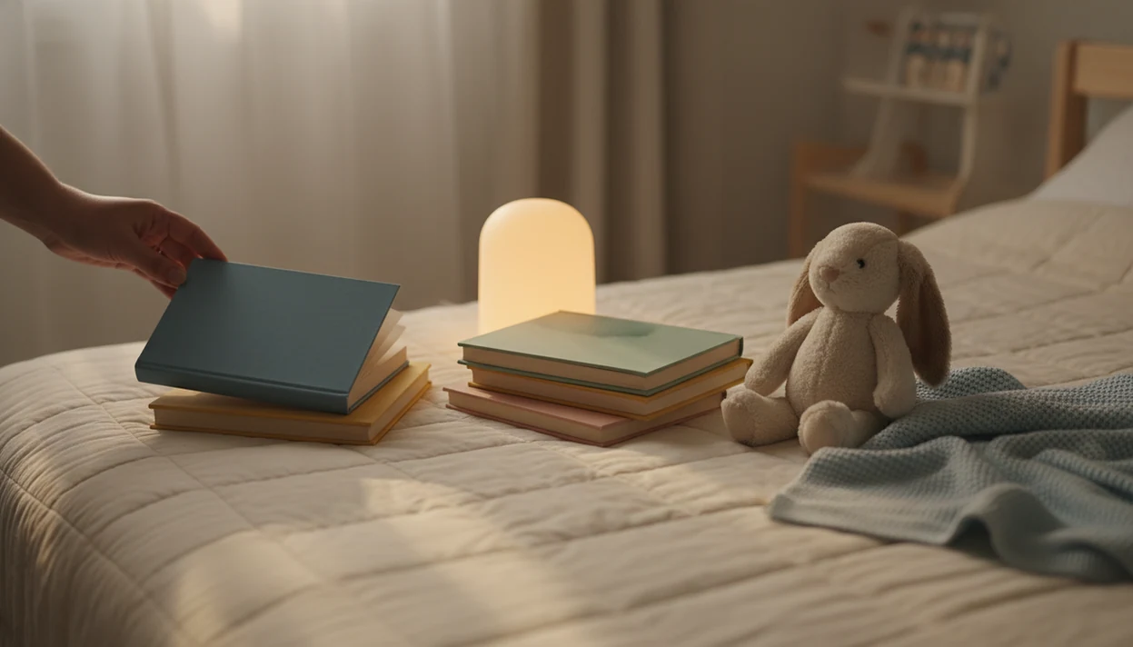 A parent chooses a blank-covered bedtime book beside a nightlight, plush rabbit, and soft quilt.