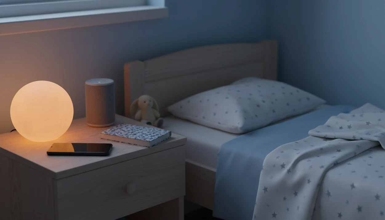 A dark phone, speaker, book, and plush toy sit beside a softly lit toddler bed at bedtime.