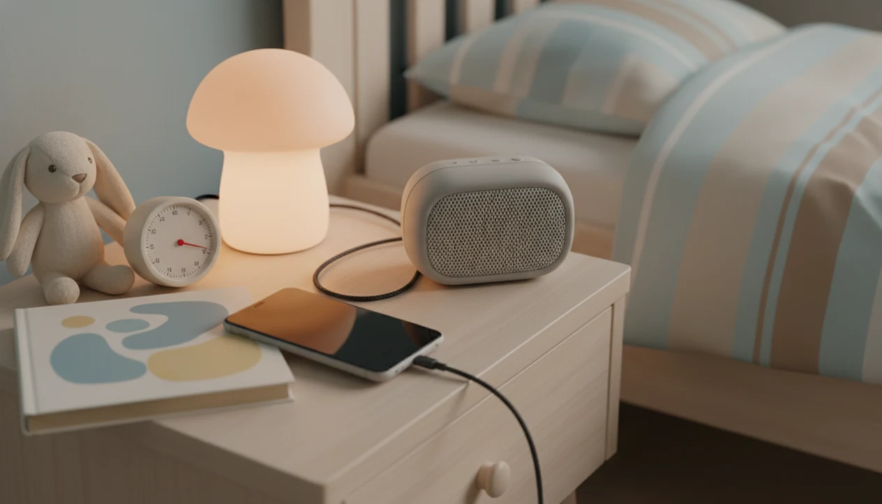 A quiet toddler bedside setup with a phone, speaker, timer, book, plush rabbit, and warm nightlight.