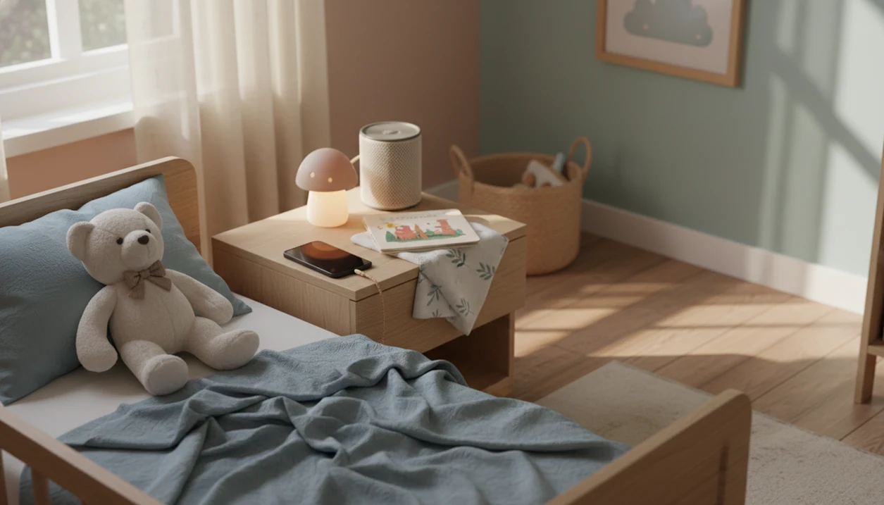 A calm toddler nap space with a dark phone and small speaker beside a bed and plush toy.