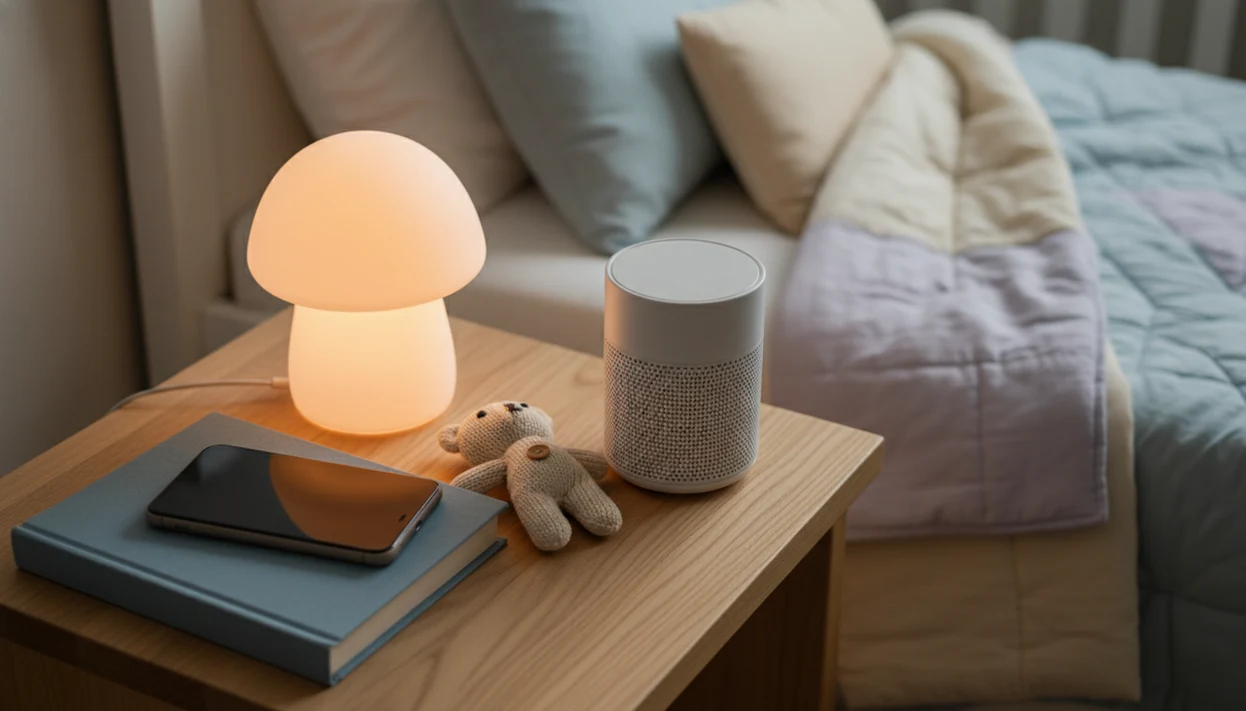 A phone sits face down on a child’s nightstand beside bedtime books, a plush toy, and a warm night light.