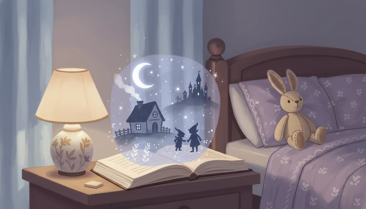 An open bedtime fairy-tale book glows softly beside a child’s bed with gentle magical shapes above it.