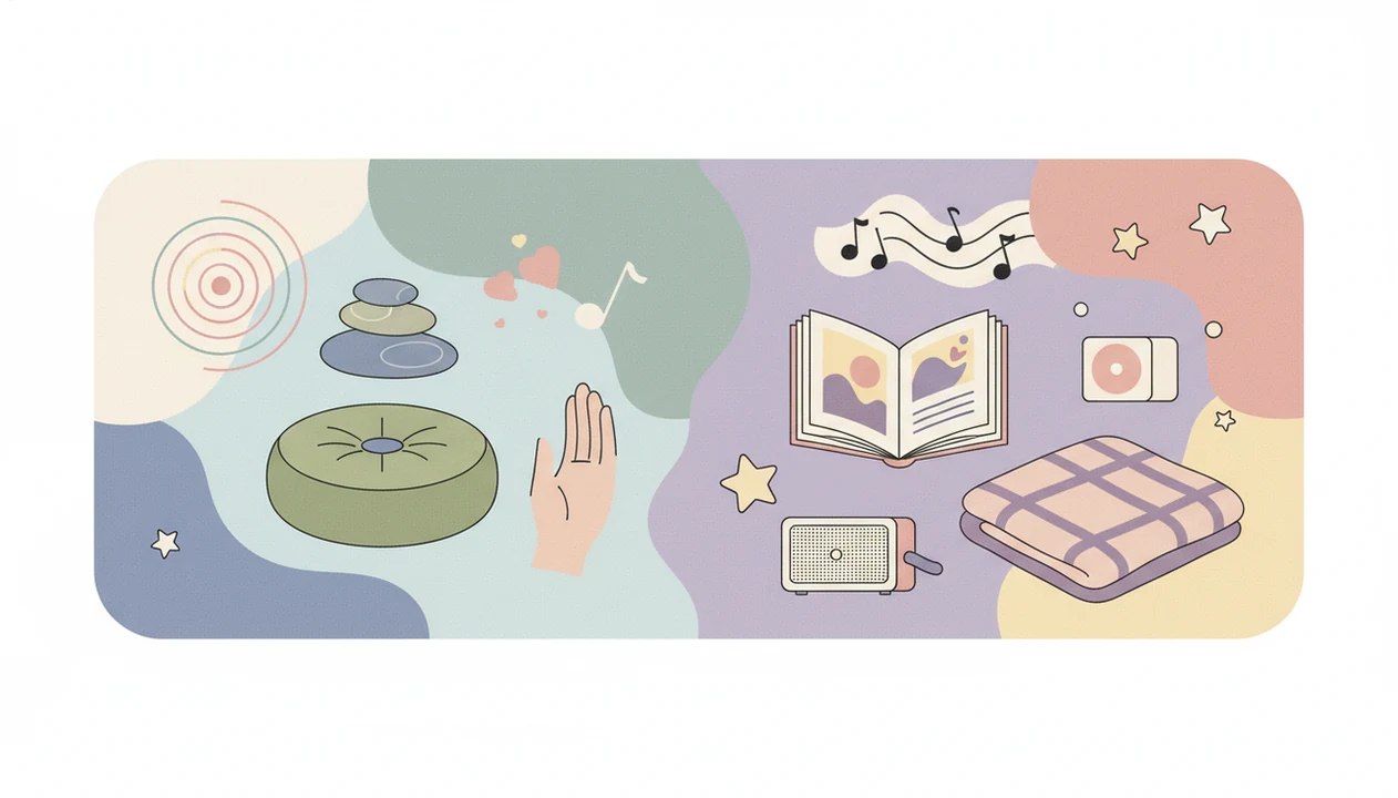 An illustrated comparison of kids mindfulness tools on one side and bedtime story audio items on the other.