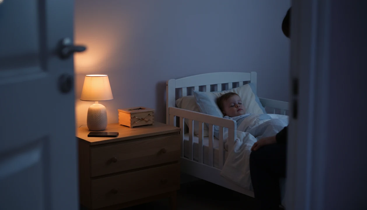 A toddler rests in a dim bedroom while a caregiver quietly sings a bedtime lullaby nearby.