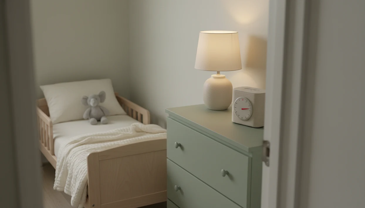 A quiet nursery shows a bed and a small speaker placed safely across the room with a timer nearby.
