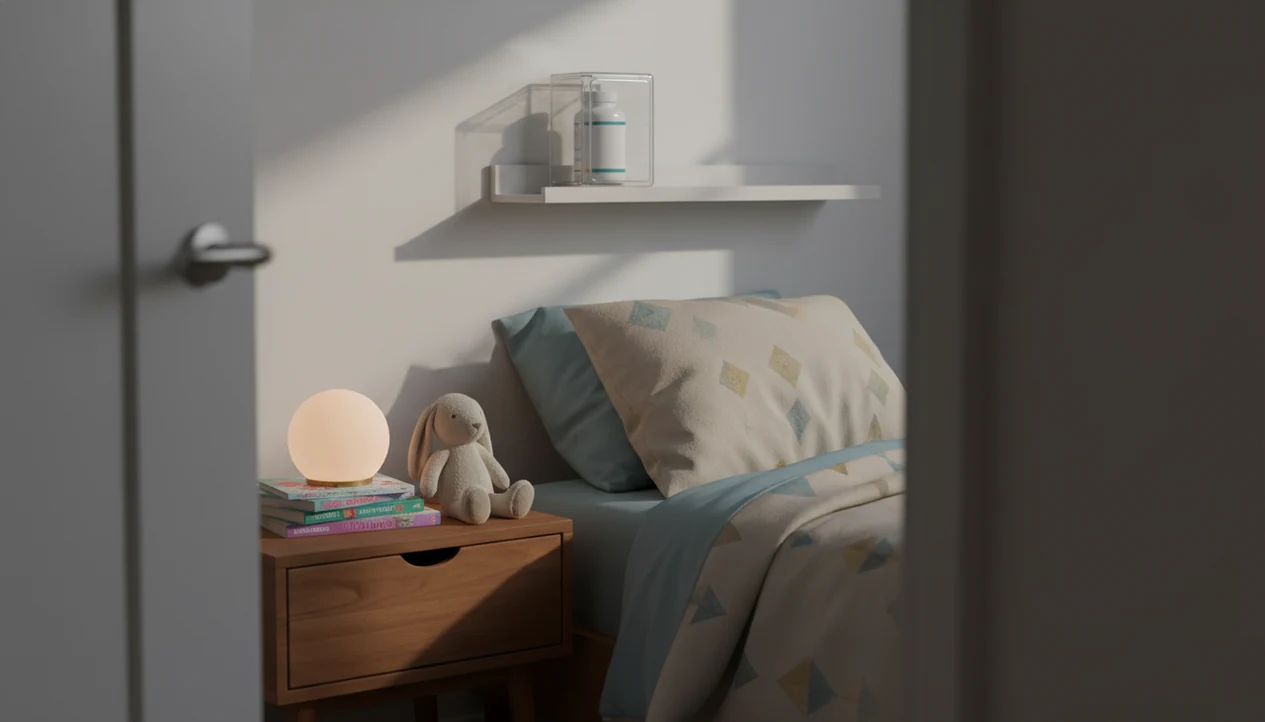A cozy child’s bedroom shows bedtime books and a secured unlabeled bottle kept high out of reach.