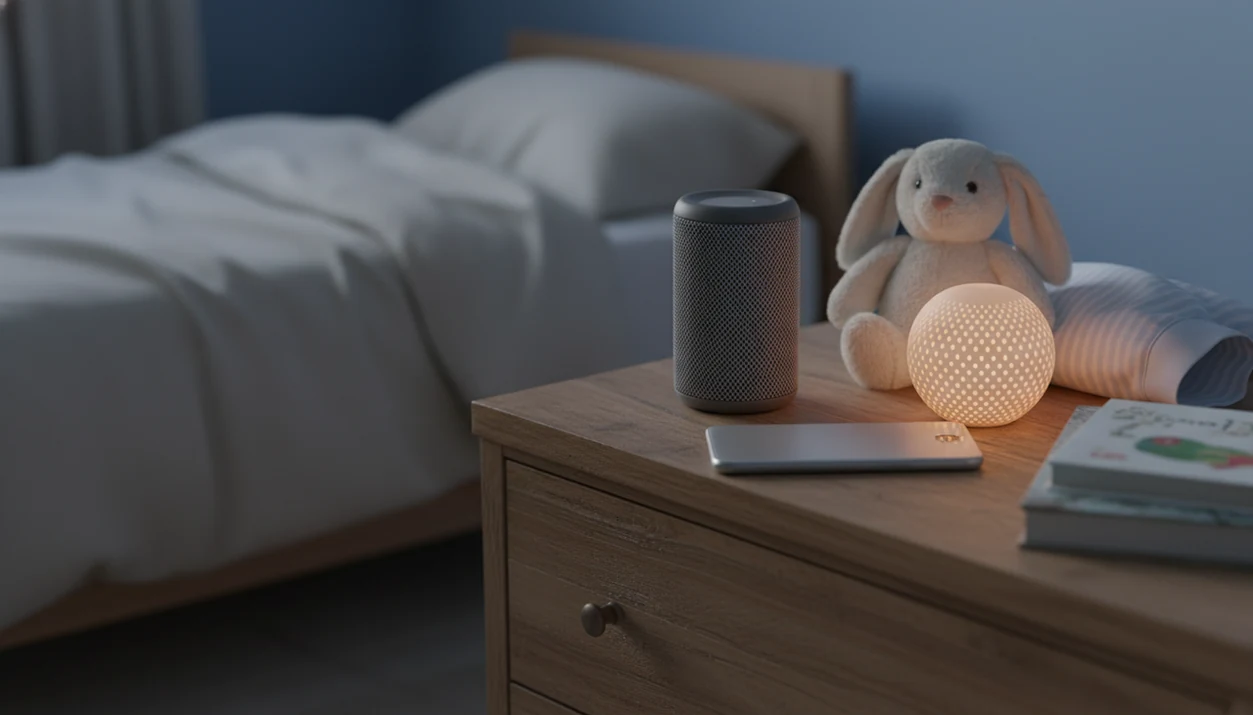 A phone, speaker, stuffed rabbit, and picture books sit on a dim bedside table for a calm Android bedtime routine.