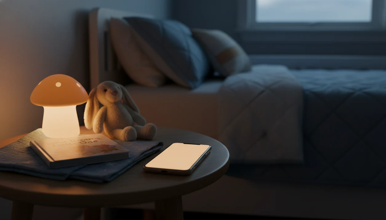 An iPhone on a nursery bedside table beside a night light, plush toy, blanket, and bedtime book.