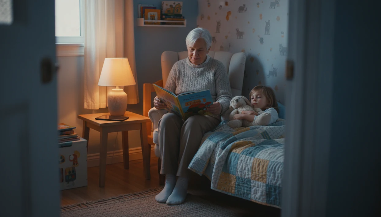 A grandparent reads beside a child’s bed while a device rests quietly on the bedside table.