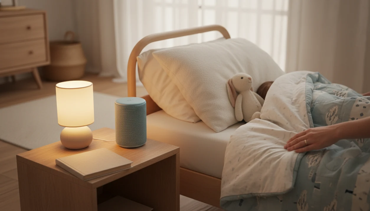A quiet child’s bedside with a plush rabbit, closed book, dim lamp, and a parent tucking in the blanket.