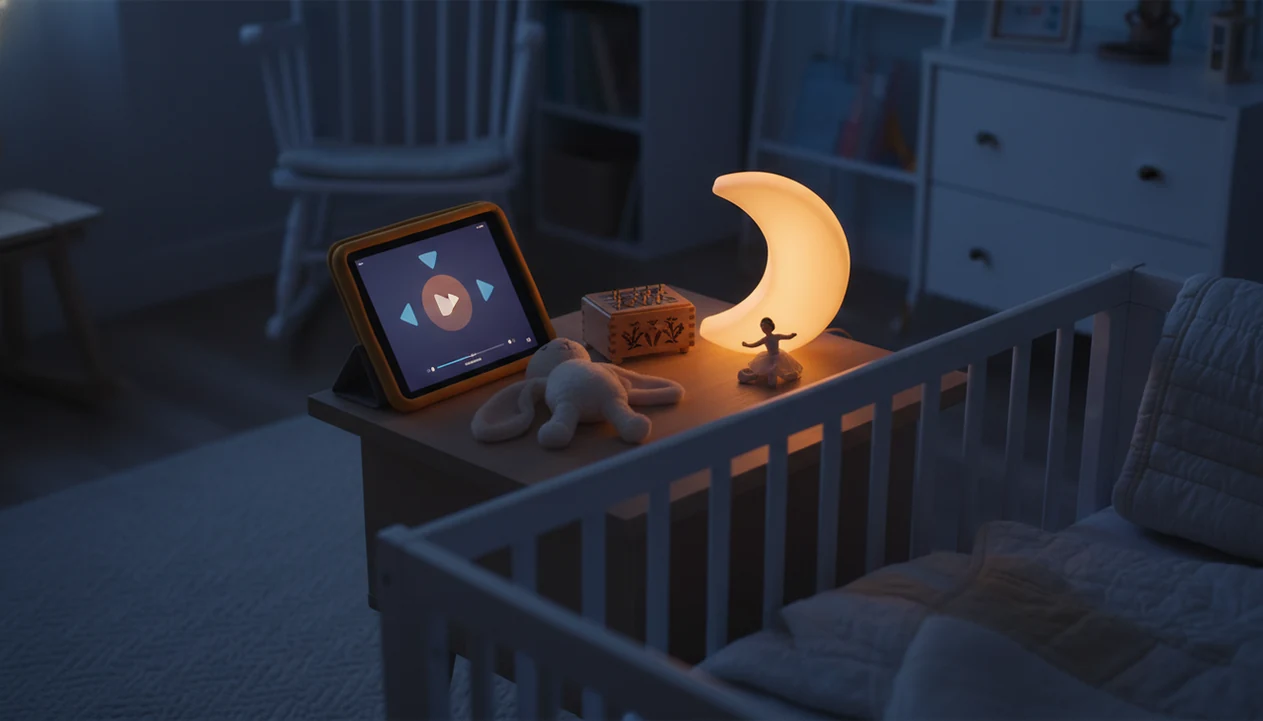 A dim lullaby player rests on a bedside table in a calm toddler bedroom at night.