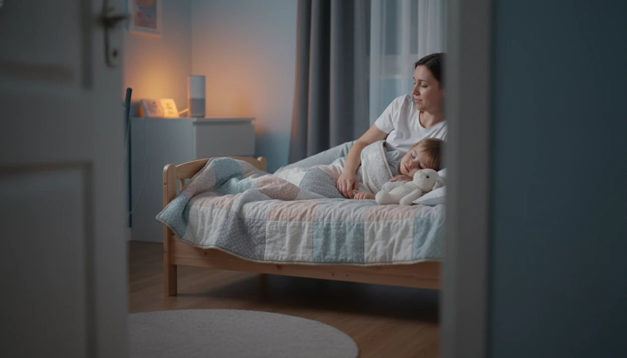 A parent softly sings to a tucked-in toddler while a small speaker sits across the dim bedroom.
