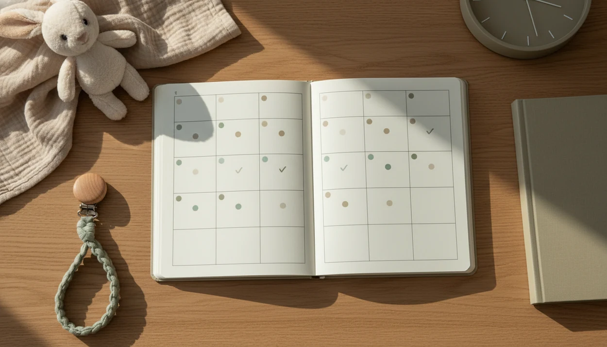 A nursery table shows a blank two-week nap tracker beside a blanket, toy bunny, clock, and picture book.