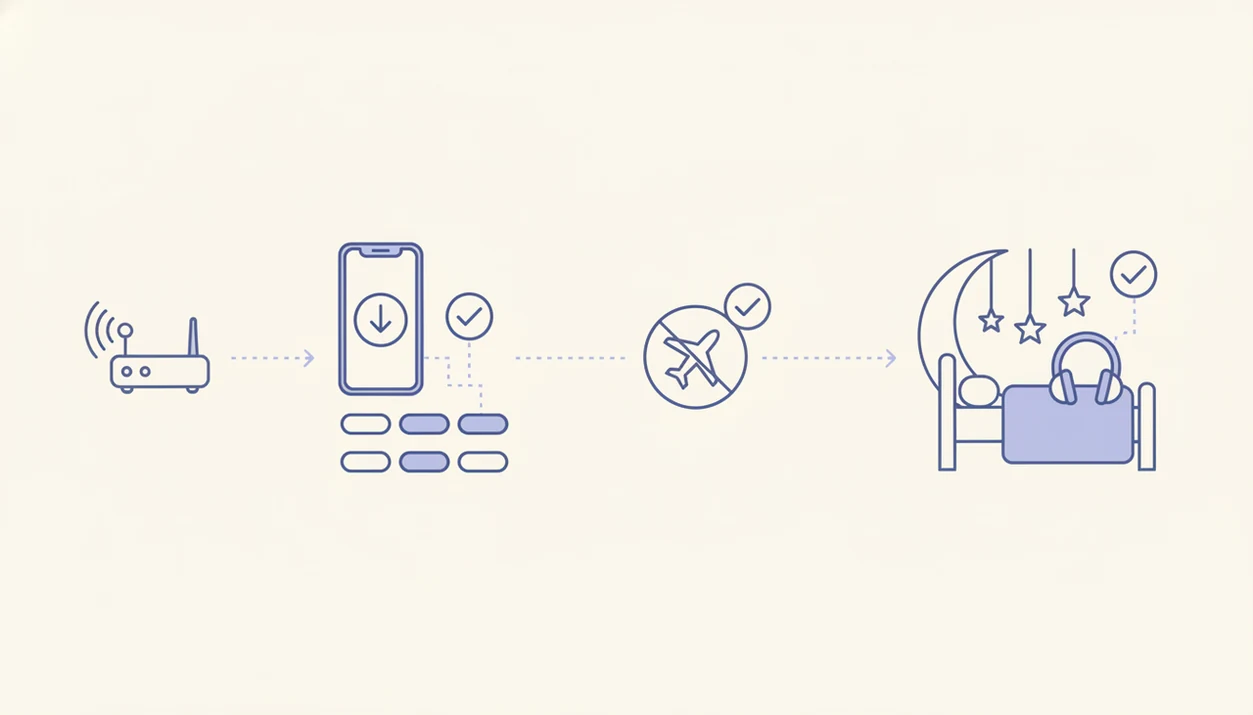 A simple illustrated flow shows downloading stories at home, testing offline, and using them at bedtime.
