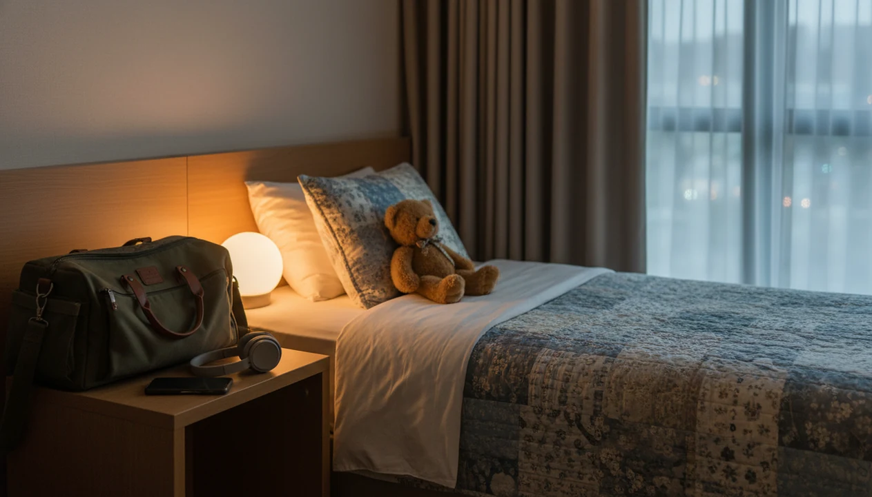 A quiet hotel bedtime setup with a phone, headphones, plush toy, night light, and travel bag.