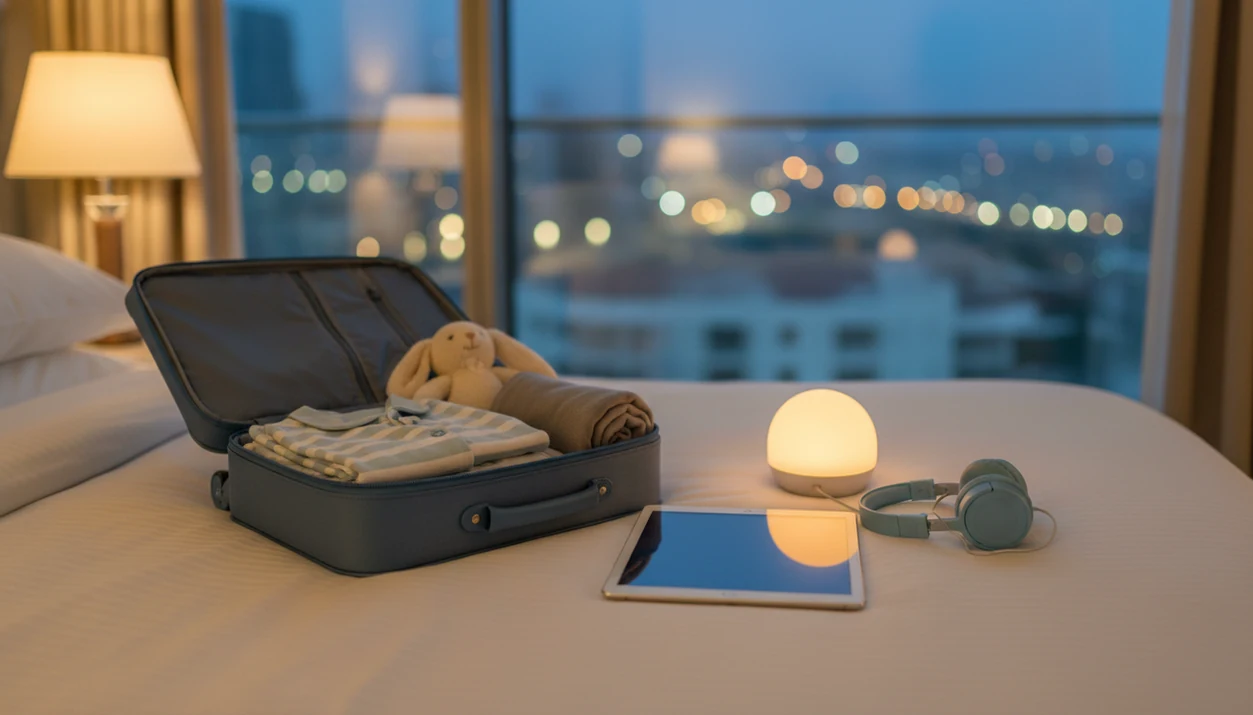 A packed child’s bedtime travel kit with a tablet, plush toy, pajamas, and headphones on a hotel bed.
