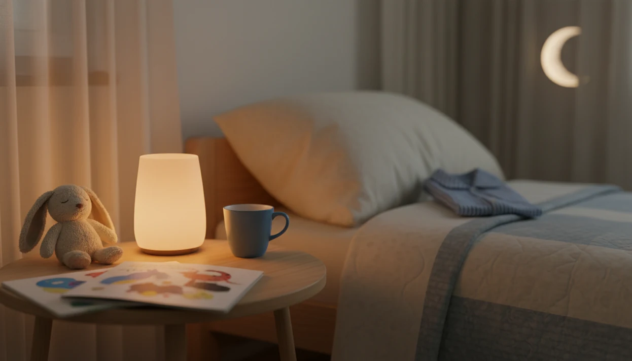 A cozy preschool bedtime setup with an open picture book, stuffed rabbit, nightlight, and moonlit window.
