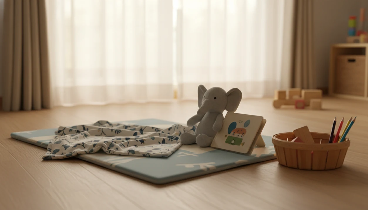 A preschool nap mat with a blanket, plush toy, and book in a softly lit quiet room.