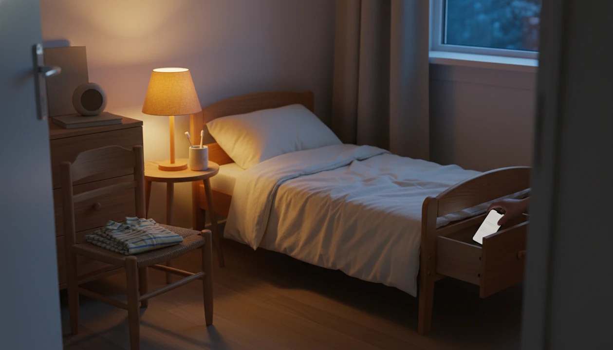 A calm toddler bedroom set up with pajamas, books, dim light, and a phone tucked away for bedtime.