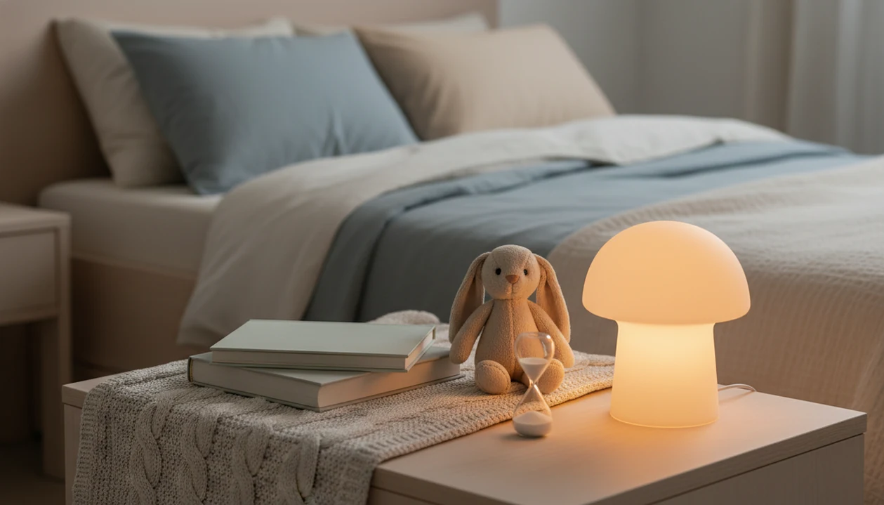A quiet bedside scene with picture books, a plush rabbit, a sand timer, and a warm night light.