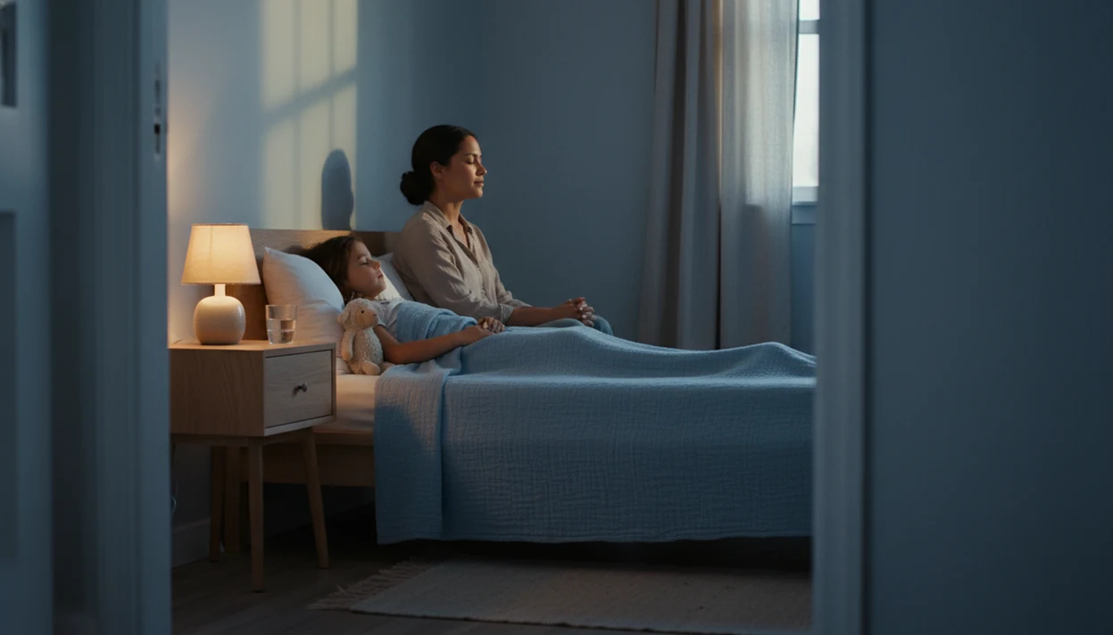 A parent sits beside a tucked-in child in a dim bedroom during a calm bedtime breathing routine.