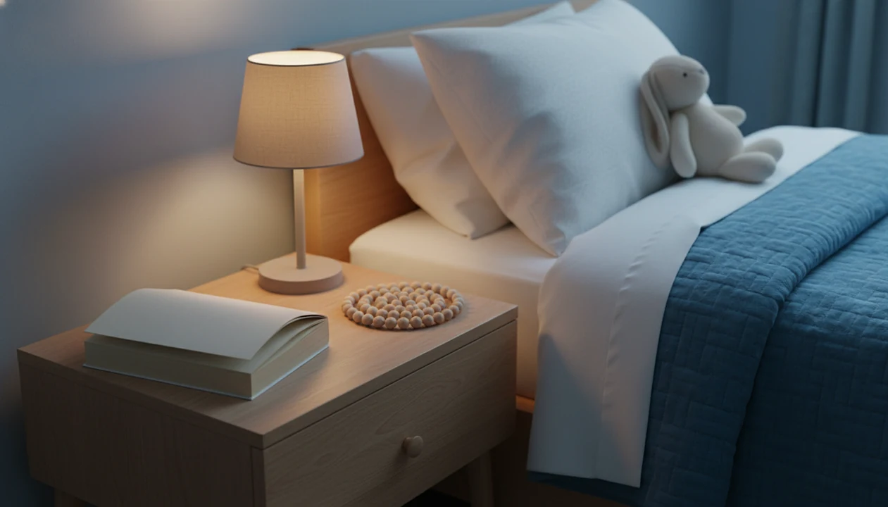 A calm bedside scene shows a blank open storybook beside meditation beads and a plush rabbit.