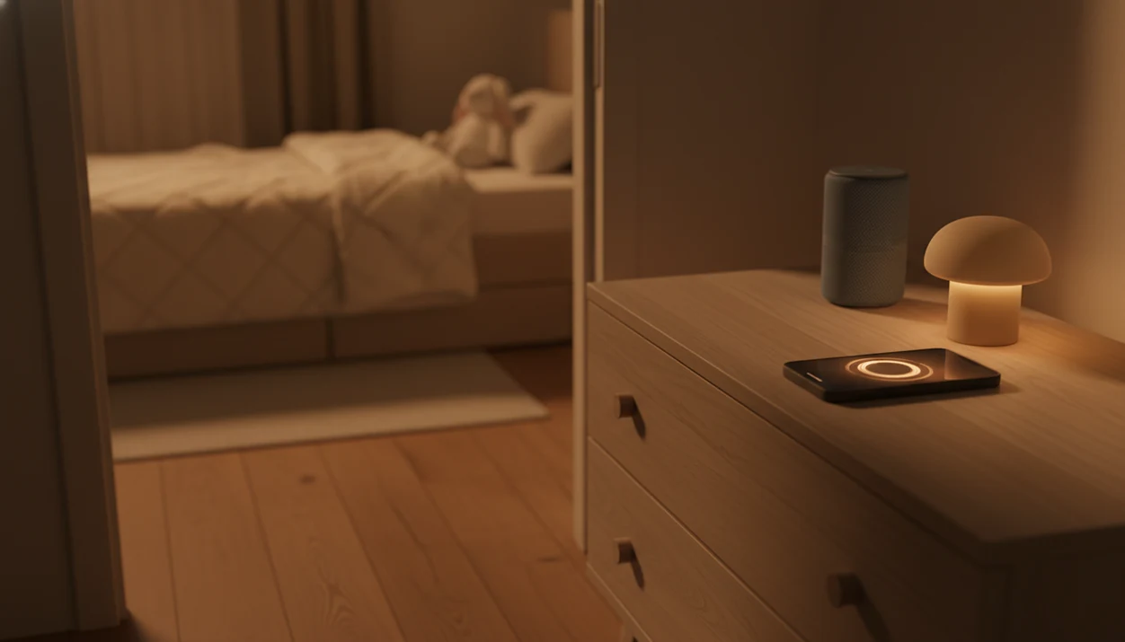 A phone and small speaker sit on a dresser away from a cozy toddler bed at bedtime.