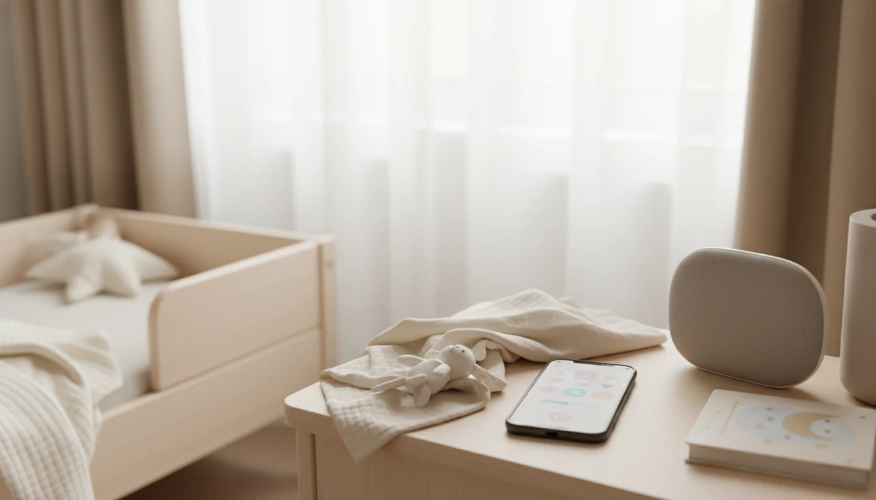 A calm nap setup with a phone, plush toy, blanket, and soft midday light in a child’s bedroom.